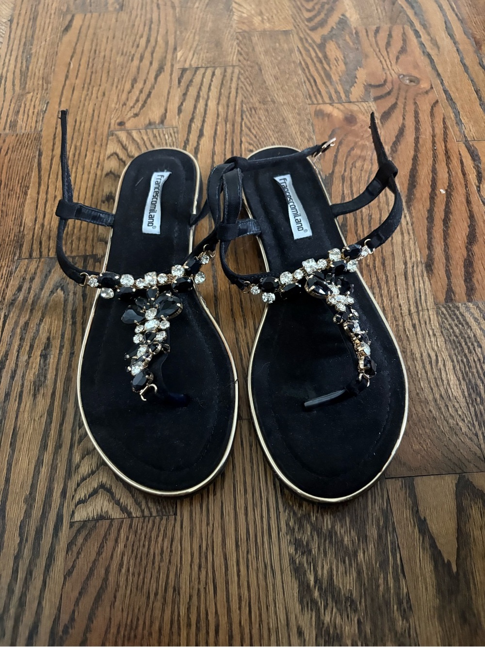 Embellished Black T-Strap Sandals with Crystals